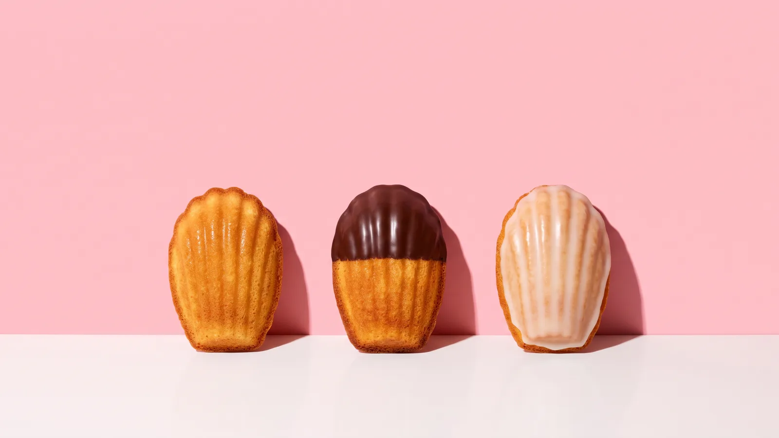 Three madeleines standing in a row against a pink wall: one plain, one dipped in a dark coating, one with a pale glaze
