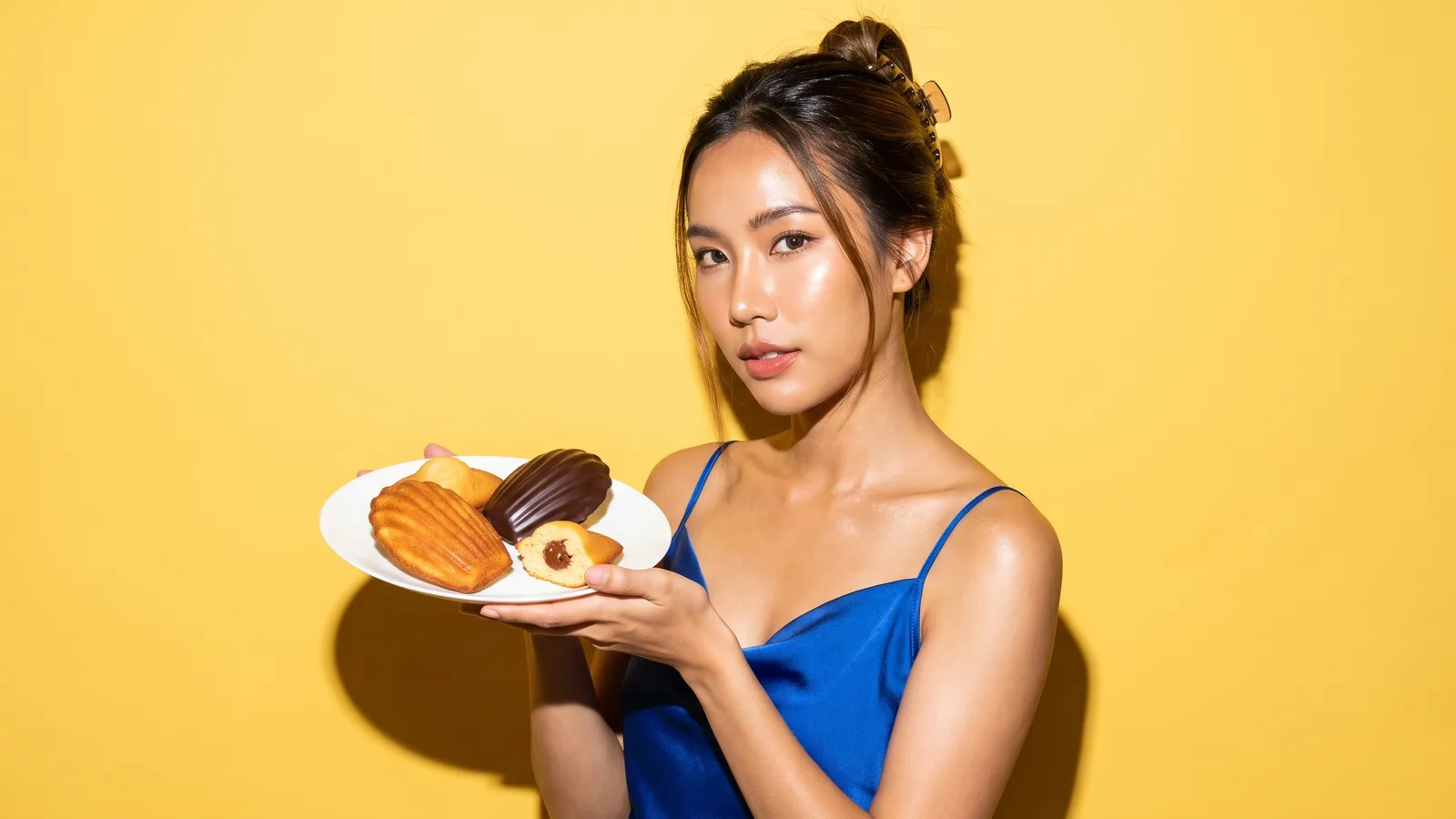 A Thai woman in a cobalt camisole holds a white plate of plain and dark-coated madeleines against a butter yellow wall