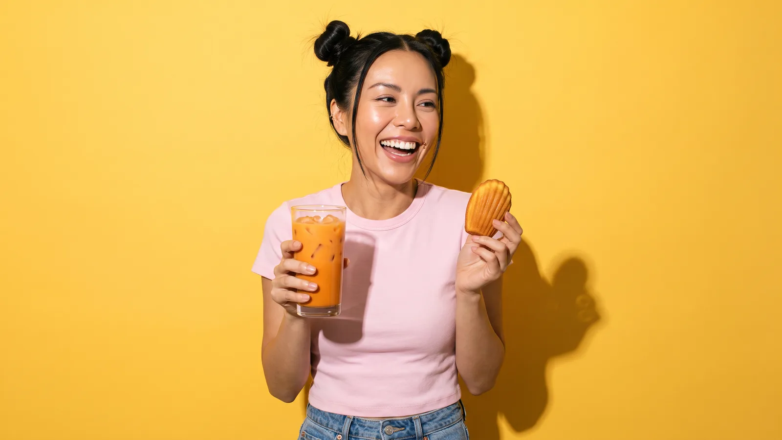 A laughing Thai woman with space buns in a pink tee holds a glass of iced Thai tea and a madeleine against a butter yellow wall