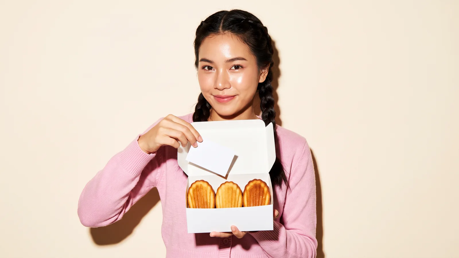 A Thai woman with braided pigtails in a pink cardigan lifts a blank card out of an open white box of madeleines against a cream wall