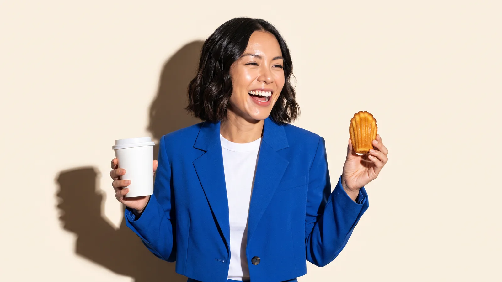 A laughing Thai woman in a cobalt blazer holds a paper coffee cup in one hand and a madeleine in the other against a cream wall