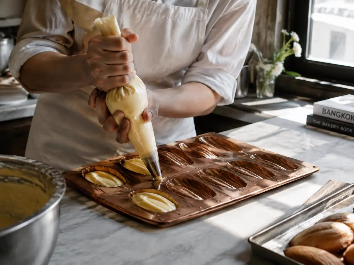 A pastry chef piping madeleine batter into a copper shell mould