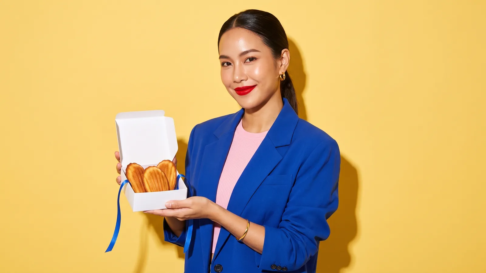A smiling Thai woman with a sleek ponytail and red lips, in an oversized cobalt blazer over a pink knit top, holds out an open plain white box of three madeleines with a loose cobalt ribbon against a yellow wall