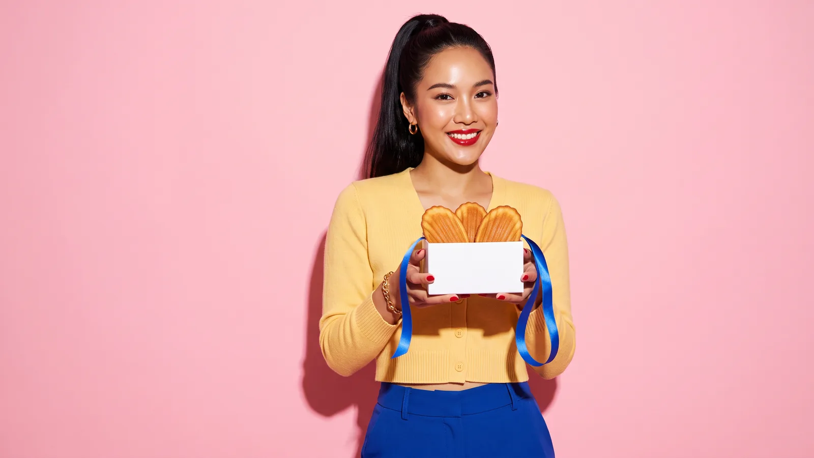 A smiling young Thai woman with a sleek black ponytail and red lips, in a pale yellow cropped cardigan and cobalt blue trousers, holds out a small open white gift box with three golden madeleines and a cobalt blue ribbon against a pastel pink wall
